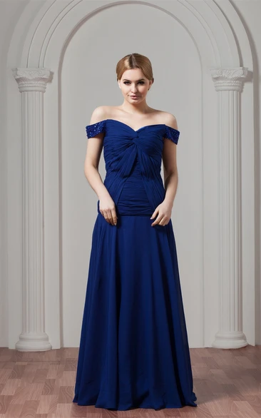 Off-The-Shoulder Floor-Length Chiffon Central Ruching and Dress With Beading