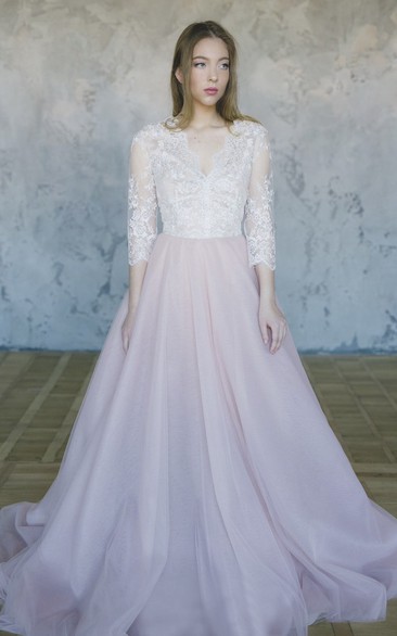 Lace Tulle Wedding Bridal Gown With V-neck And 3/4 Sleeve