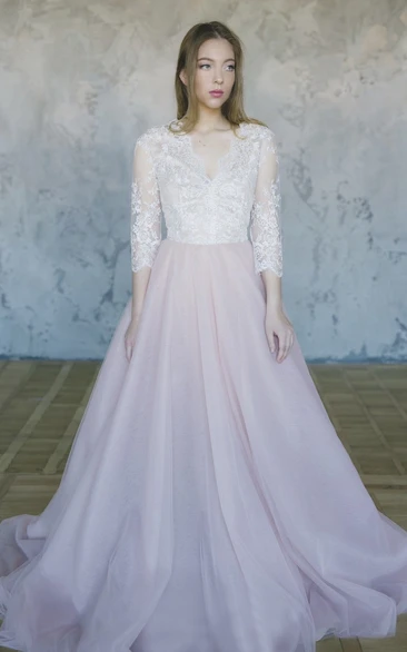 Lace Tulle Wedding Bridal Gown With V-neck And 3/4 Sleeve