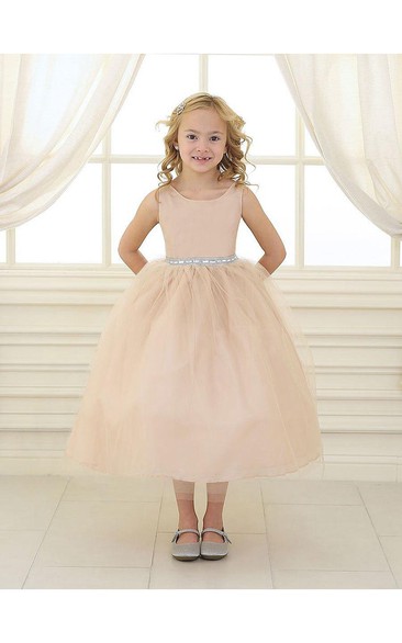 Scoop Neck Sleeveless Tea Length Tulle Gown With Beading Waist