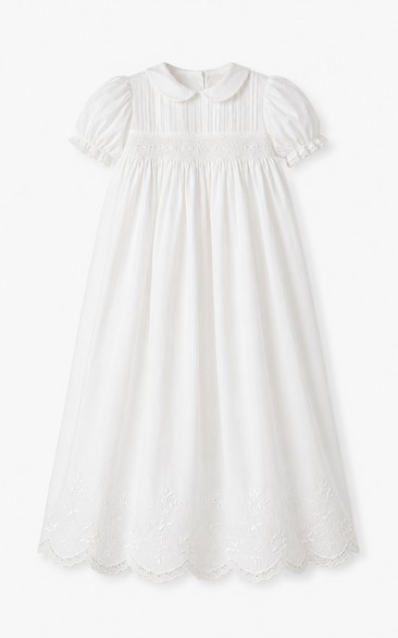 Baby Christening Gown Vintage Modest A-Line Puff Sleeve Cotton Lace Tea-Length with Bow Sash in White