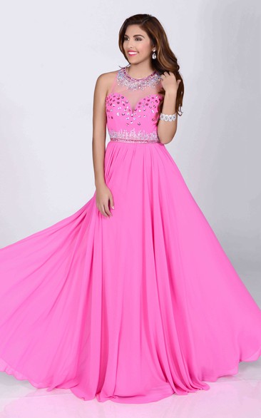 Bling Rhinestone Neck Sequined Bust A-Line Sleeveless Chiffon Prom Dress