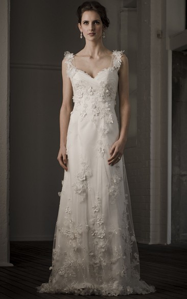 Sheath V-Neck Floor-Length Sleeveless Floral Wedding Dress With Appliques