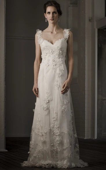 Sheath V-Neck Floor-Length Sleeveless Floral Wedding Dress With Appliques