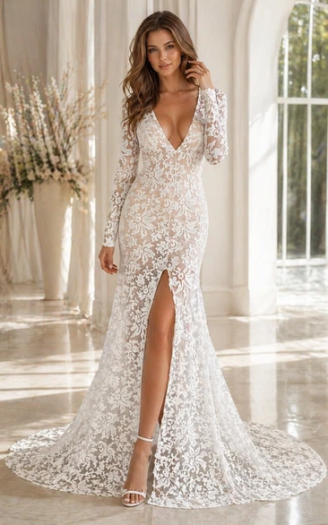 Modern Lace Deep V-neck Mermaid Prom Dress Front Split Long Sleeve
