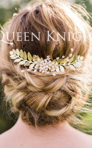 Western Style Wind Pearl Rhinestone Gold Leaf Hair Comb