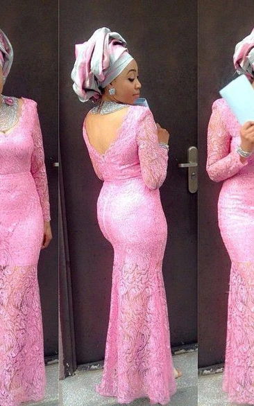 Pink Long Sleeve Lace Mermaid Prom Dress on Sale
