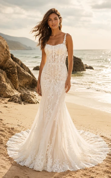 Beach Mermaid Lace Wedding Dress with Spaghetti Straps and Low Back Train