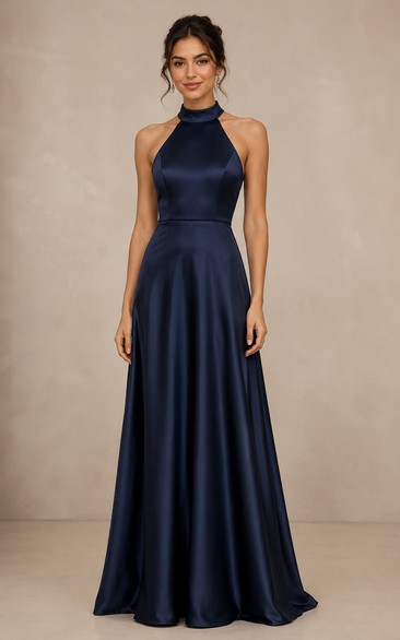 Dark Navy Halter Satin A-Line Bridesmaid Dress