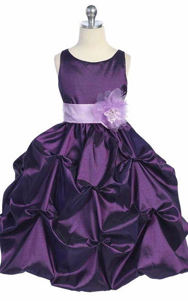 Tea-Length Pick Up Floral Taffeta Flower Girl Dress