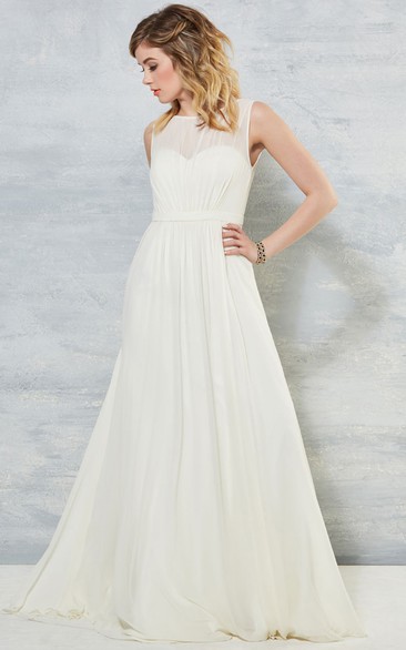 Sheath Long-Sleeveless High Neck Chiffon Wedding Dress With Ruching And V Back