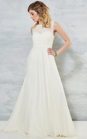 Sheath Long-Sleeveless High Neck Chiffon Wedding Dress With Ruching And V Back