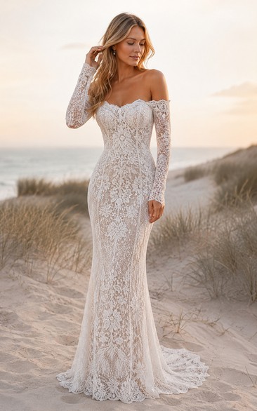 Wedding Mermaid Lace Dress with Off-Shoulder Long Sleeves and Train