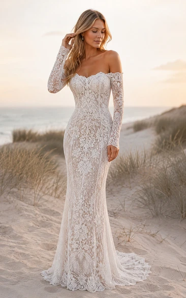 Vestido de novia de encaje estilo sirena con mangas largas sin hombros y cola.