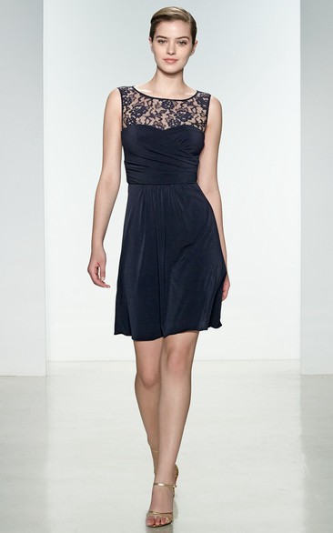 A Line Sleeveless Short Mini Scoop Neck Chiffon&Lace Bridesmaid Dress