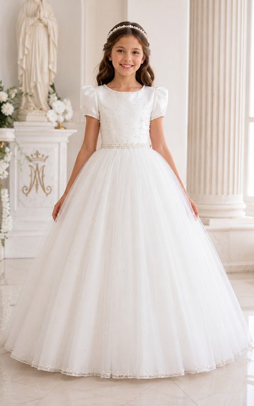 Puff Sleeve White Tulle First Communion Ball Gown with Beaded Waist
