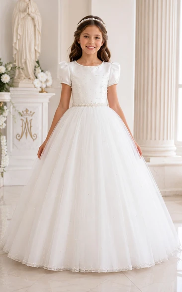 Puff Sleeve White Tulle First Communion Ball Gown with Beaded Waist