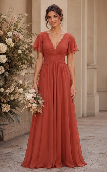 Papaya V-Neck Short Sleeve Chiffon A-Line Bridesmaid Dress