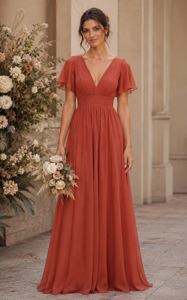 Papaya V-Neck Short Sleeve Chiffon A-Line Bridesmaid Dress