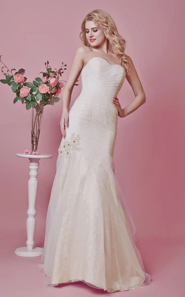 Backless Strapless Appliqued Mermaid Tulle Dress