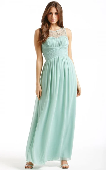 Ankle-Length Sleeveless Bateau Neck Ruched Chiffon Bridesmaid Dress