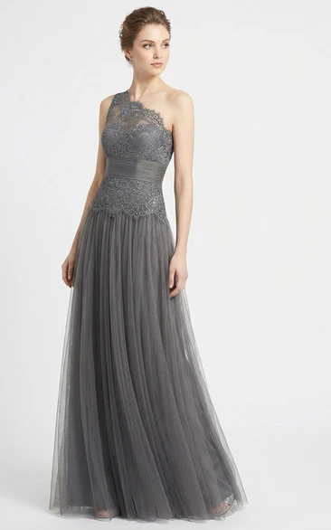 One Shoulder Tulle Prom Gown with Bandage