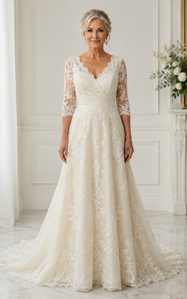Long Sleeve Sleeve Lace A-Line Older Brides Wedding Dress with V Back