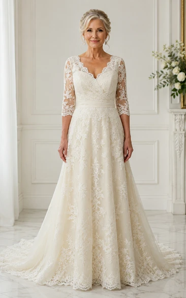 Long Sleeve Sleeve Lace A-Line Older Brides Wedding Dress with V Back