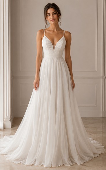 Simple Beach A-Line Wedding Dress with Spaghetti Straps and Flowing Chiffon Train
