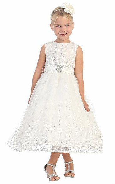 Tea-Length Natural Beaded Tulle&Satin Flower Girl Dress With Broach