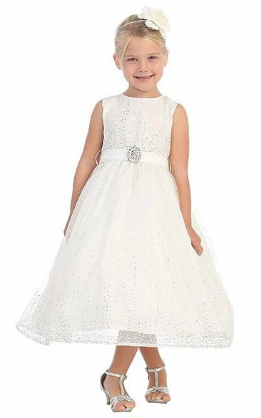 Tea-Length Natural Beaded Tulle&Satin Flower Girl Dress With Broach
