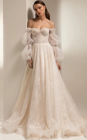 Ethereal Off-the-shoulder Sweetheart Puff-sleeve A-line Ball Gown Applique Lace Wedding Dress