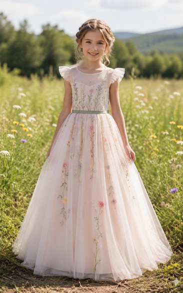 Country Floral Embroidered Tulle Flower Girl Dress with Flutter Sleeves