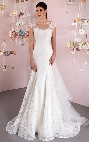 Mermaid V-Neck Cap-Sleeve Lace Wedding Dress With Draping