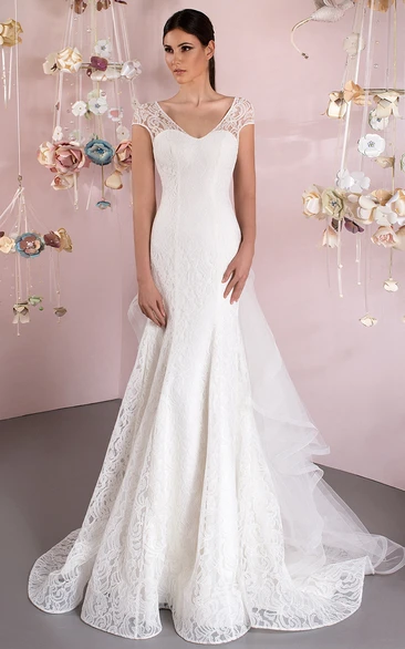 Mermaid V-Neck Cap-Sleeve Lace Wedding Dress With Draping