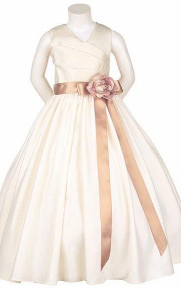 V-Neck Ankle-Length Tiered Satin Flower Girl Dress