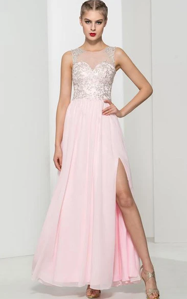 Scoop Neck Appliques Sequins Split-Front Prom Dress