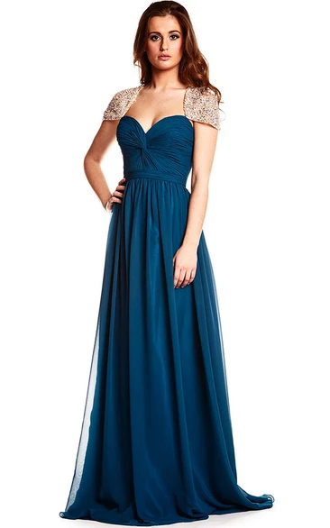Sweetheart Criss-Cross Cap Sleeve Chiffon Prom Dress