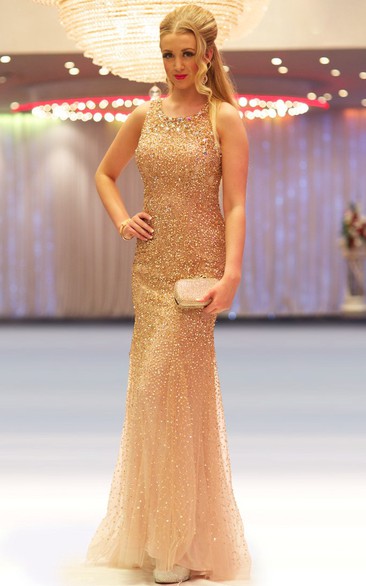 Sheath Sleeveless Scoop-Neck Floor-Length Sequins&Tulle Prom Dress