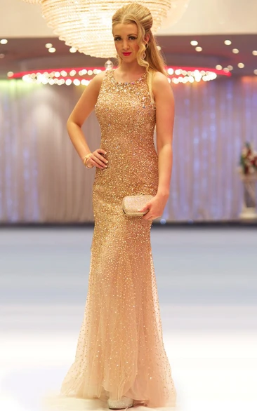 Sheath Sleeveless Scoop-Neck Floor-Length Sequins&Tulle Prom Dress