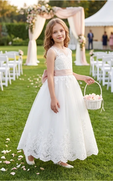 Illusion Neckline Sleeveless A-line Pleated Lace Long Dress With Keyhole and Bows