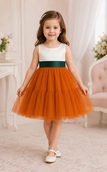 Scoop-neck Sleeveless Empire A-line Two-Tone Flowergirl Dress