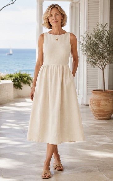 Ivory Jewel Neck Sleeveless Tea-Length A-Line Dress