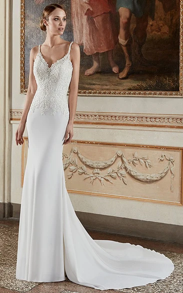 Sheath Long Sleeveless Appliqued Spaghetti Lace&Chiffon Wedding Dress