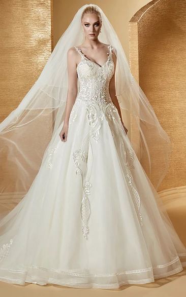 V-Neck A-Line Bridal Gown With Fine Appliques Details And Spaghetti Straps