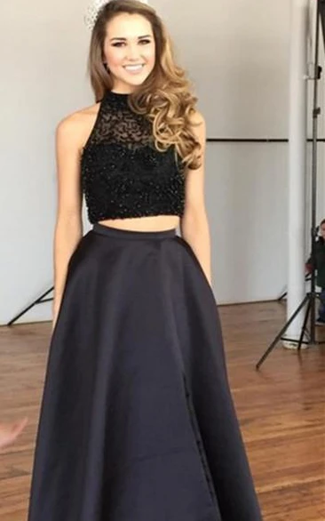 Sexy Two Piece Beadings Evening Dress Front Split Sweep Train