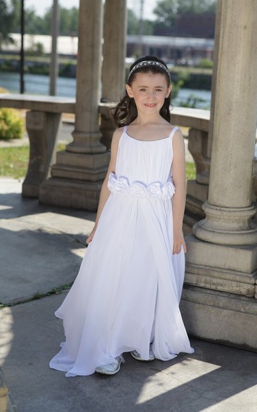 Flower Girl Scoop Neck A-line Split Chiffon Long Dress With Flower Waist