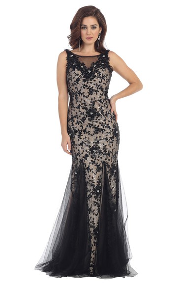 Sheath Long Scoop-Neck Sleeveless Tulle Sequins Low-V Back Dress With Appliques
