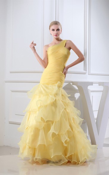 One-Shoulder A-Line Ruffled Tiers and Gown With Ruching