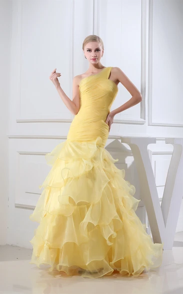 One-Shoulder A-Line Ruffled Tiers and Gown With Ruching